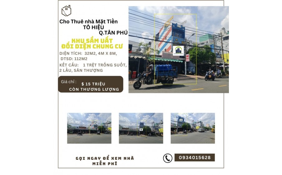 SỐC- Cho thuê nhà  Mặt Tiền Tô Hiệu 32m2, 2 Lầu+ST, 15Triệu-GẦN CHUNG CƯ